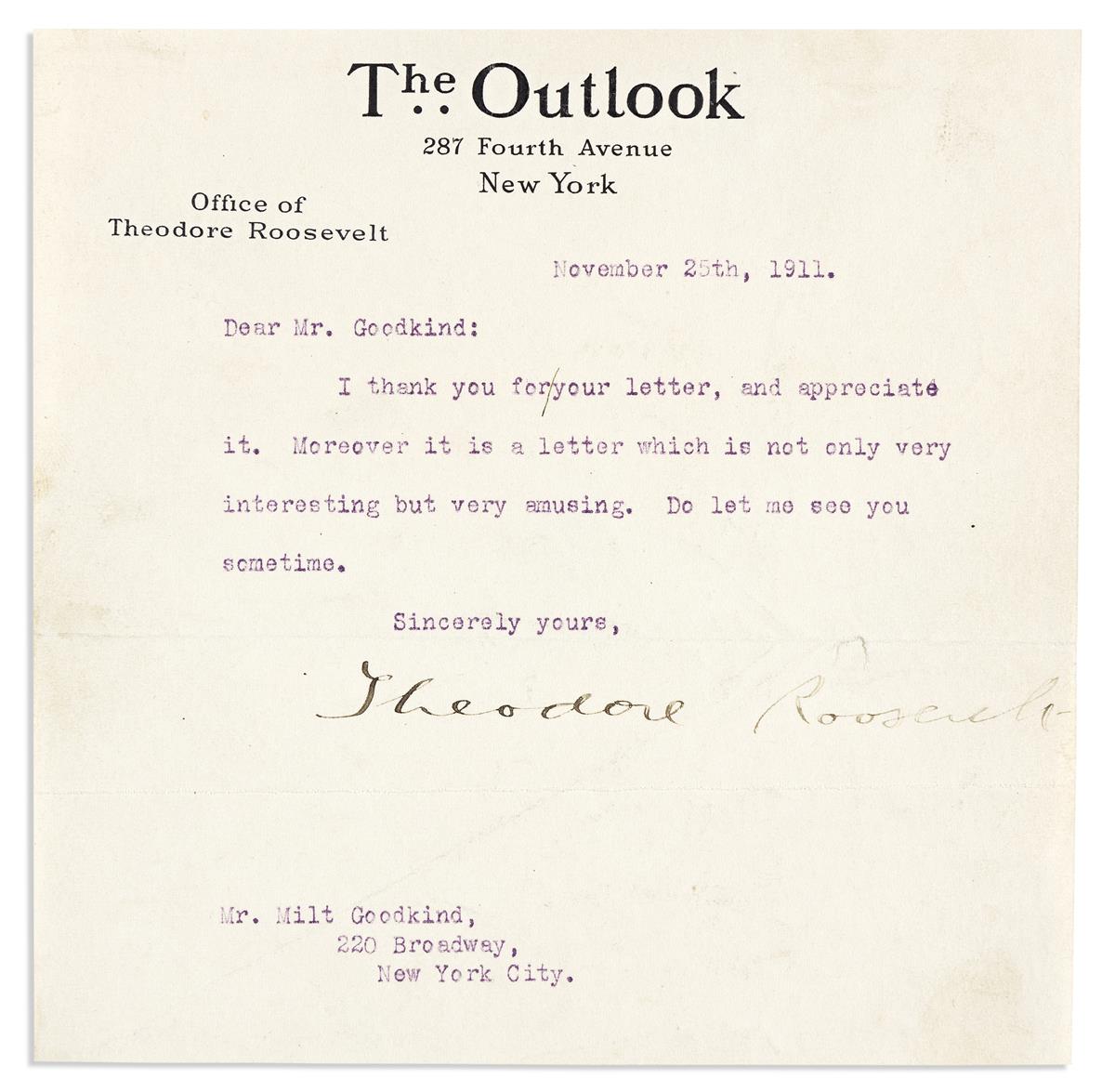 ROOSEVELT, THEODORE. Three Typed Letters Signed, in full or T. Roosevelt, to various recipients.